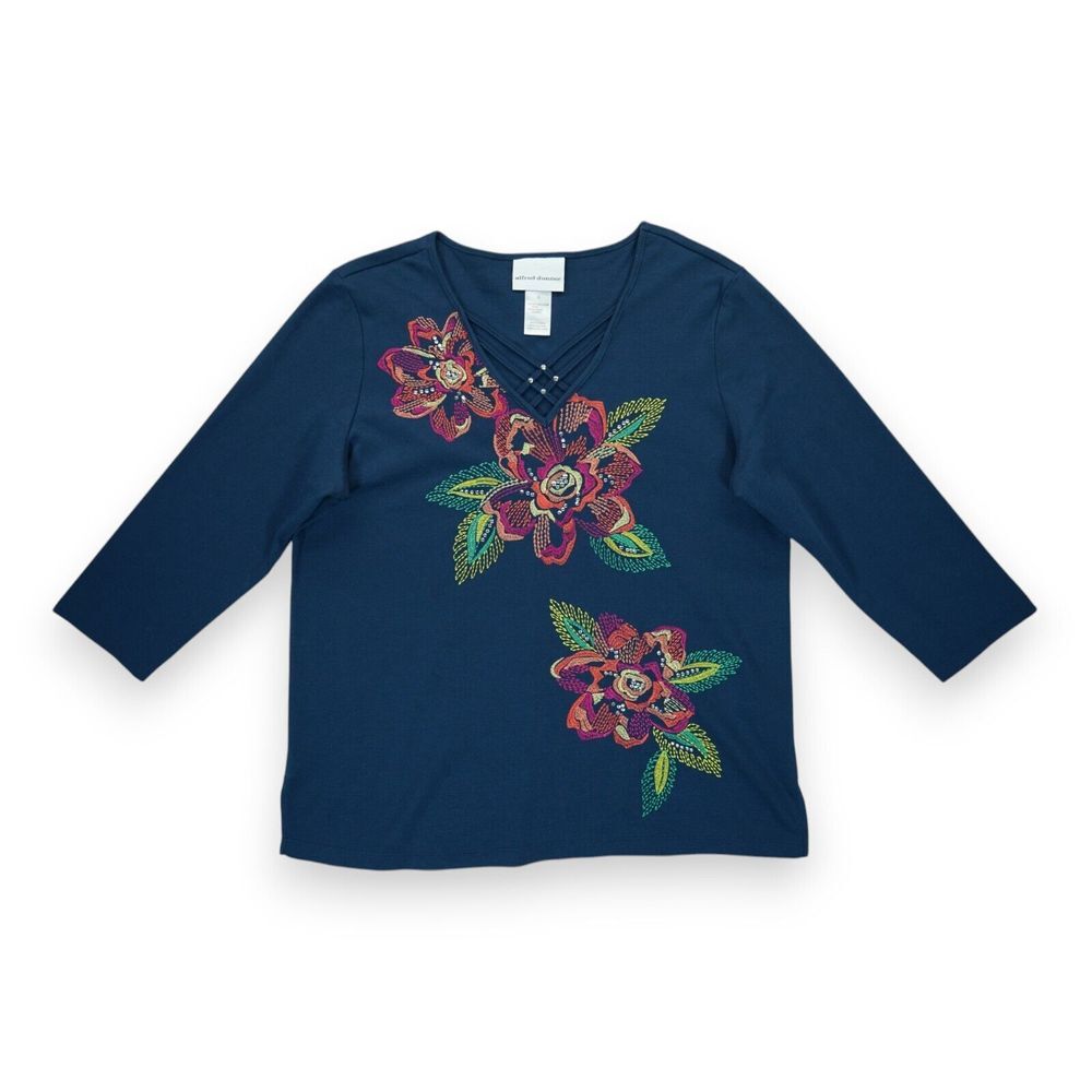 NWOT Alfred Dunner Floral Embellished Top Women S Embroidered Flower‎ 3/4 Sleeve